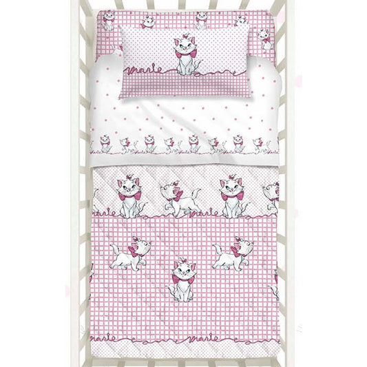 trapuntino culla caleffi disney aristogatti. Fantasia con gattina Minou su fondo bianco e rosa.