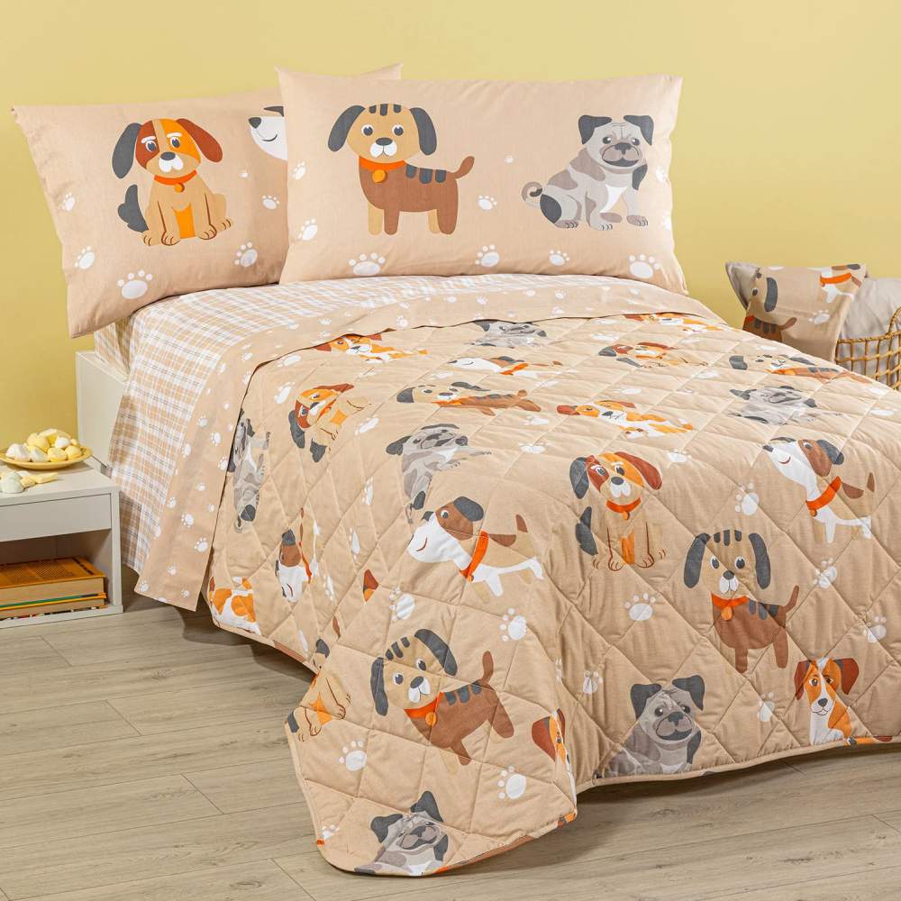 trapuntino caleffi cuccioli. fantasia con cagnolini su fondo naturale beige. trapunta primaverile.