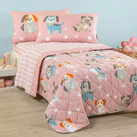 trapuntino caleffi cuccioli. fantasia con cagnolini su fondo rosa.