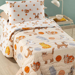 Trapuntino Caleffi Gattini in puro cotone per letto singolo. La trapunta primaverile Gattini presenta una fantasia con simpatici gatti di vari colori su fondo tinta unita naturale/beige. Fantasia ideale per bambini e ragazzi