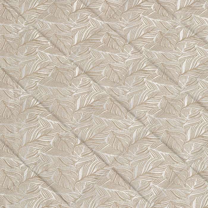 Trapuntino matrimoniale Caleffi Interiors in raso jacquard.La trapunta primaverile Interiors presenta una fantasia moderna ma delicata, con foglie che si intersecano in una fitta trama. Copriletto trapuntato colore bosco tortora. Dettaglio fantasia foliage.