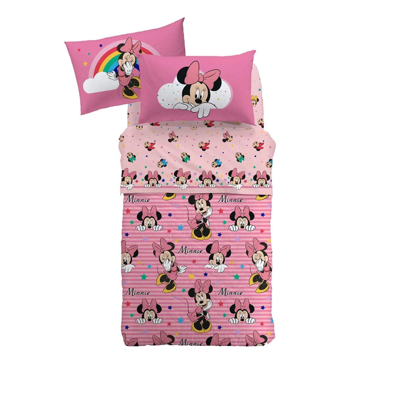 Trapuntino Caleffi Minnie Rainbow in puro cotone. Trapunta primaverile in fantasia per bambina con Minnie su fondo rosa a righe. Disponibile per letto singolo e piazza e mezza