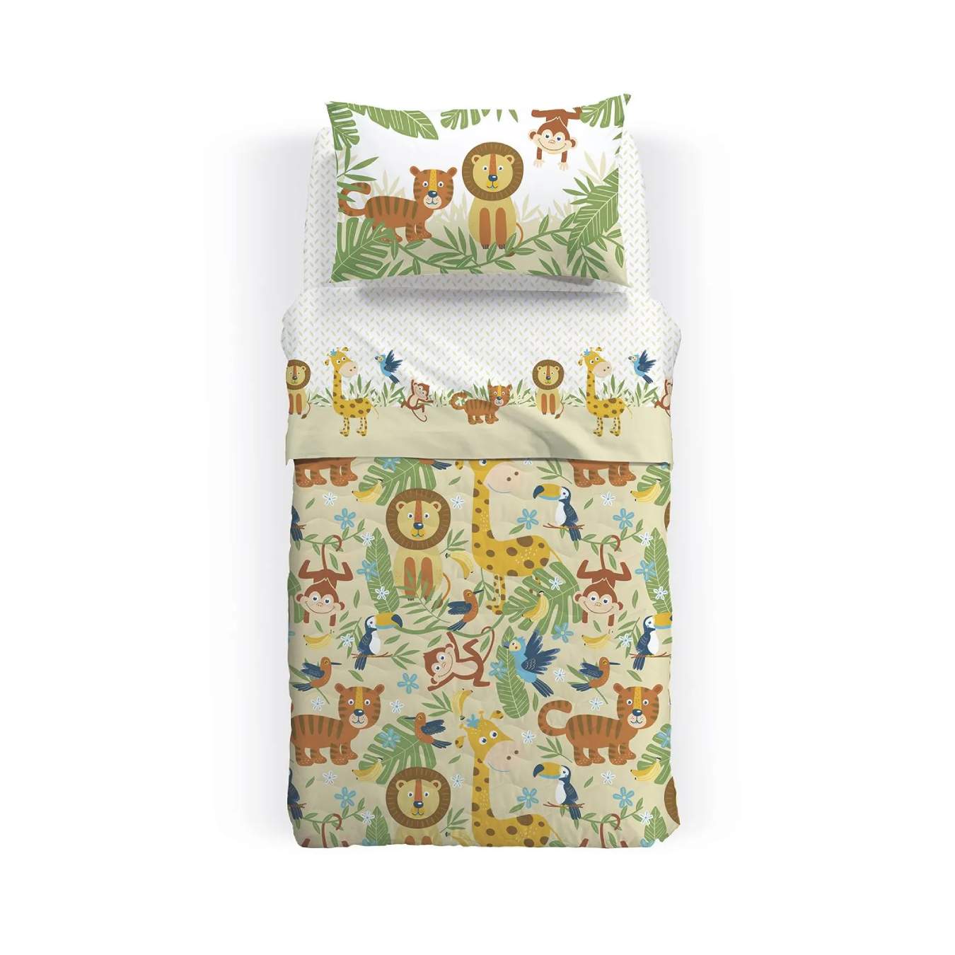 Trapuntino Caleffi Tropical in puro cotone per letto singolo. La trapunta primaverile Tropical presenta una fantasia con simpatici animali su fondo tinta unita naturale/beige. Fantasia ideale per bambini e ragazzi.