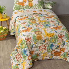 Trapuntino Caleffi Tropical in puro cotone per letto singolo. La trapunta primaverile Tropical presenta una fantasia con simpatici animali su fondo tinta unita naturale/beige. Fantasia ideale per bambini e ragazzi.