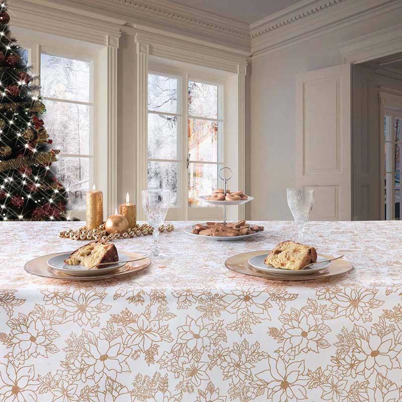 Tovaglia Natale Gabel Bijou per 6, 12 o 18 persone. Fondo bianco con fantasia a fiori dorata. Misto cotone e poliestere