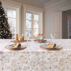 Tovaglia Natale Gabel Bijou per 6, 12 o 18 persone. Fondo bianco con fantasia a fiori dorata. Misto cotone e poliestere