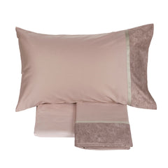 completo lenzuola in flanella di cotone fazzini Galuchat per letto matrimoniale. Tinta unita con bordi fantasia. Colore rosa boho