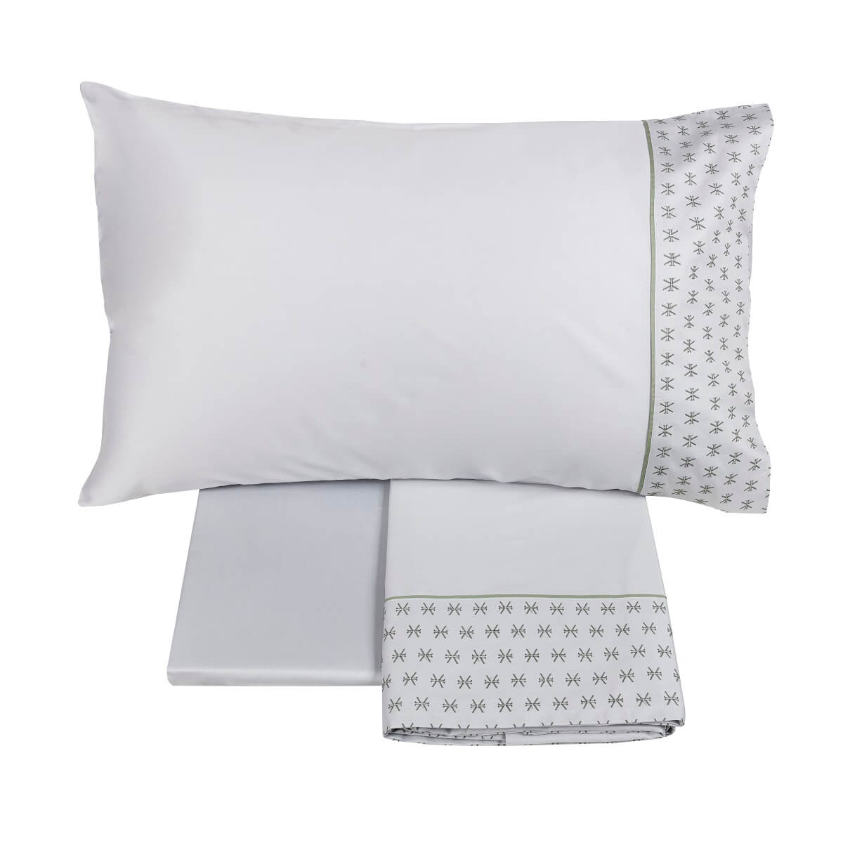 Completo lenzuola matrimoniale Fazzini Cristalli in percalle e raso di puro cotone. Lenzuola tinta unita con balza e bordi ricamati. variante grigio.