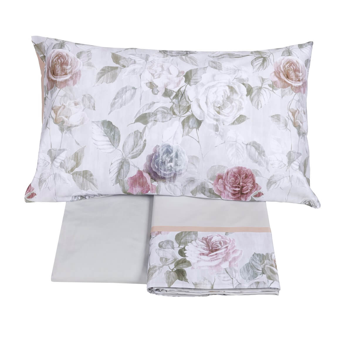 Completo lenzuola matrimoniale Fazzini Rugiada in percalle e raso di puro cotone. Fantasia floreale.