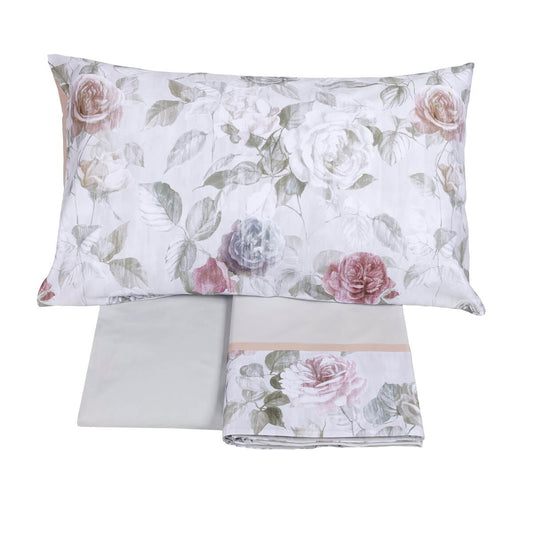 Completo lenzuola matrimoniale Fazzini Rugiada in percalle e raso di puro cotone. Fantasia floreale.