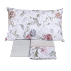 Completo lenzuola matrimoniale Fazzini Rugiada in percalle e raso di puro cotone. Fantasia floreale.