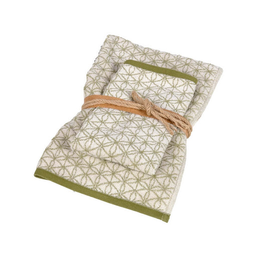Coppia asciugamano con ospite Fazzini Squaw. Asciugamano viso e bidet in fantasia colore verde. Spugna di cotone.