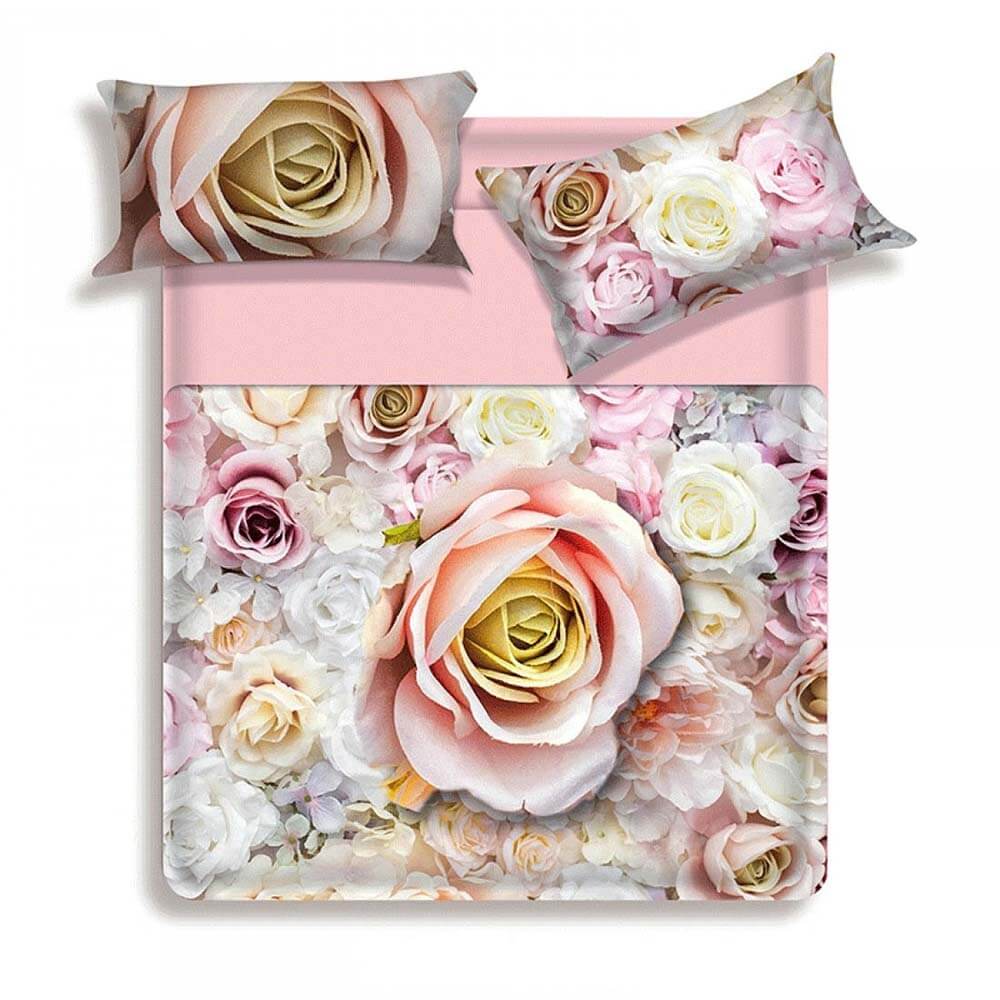 Lenzuolo copriletto matrimoniale Antiga di Miss Terry - Biancaluna in puro cotone. Fantasia floreale con stampa digitale di alta qualità su fondo rosa..