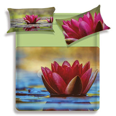 Completo lenzuola copriletto matrimoniale Lome di Miss Terry - Biancaluna in puro cotone con fantasia floreale. Verde, azzurro, fuxia