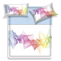 Completo lenzuola copriletto Lula di Biancaluna - Miss Terry in puro cotone. Fantasia colorata su fondo bianco. Misura letto matrimoniale