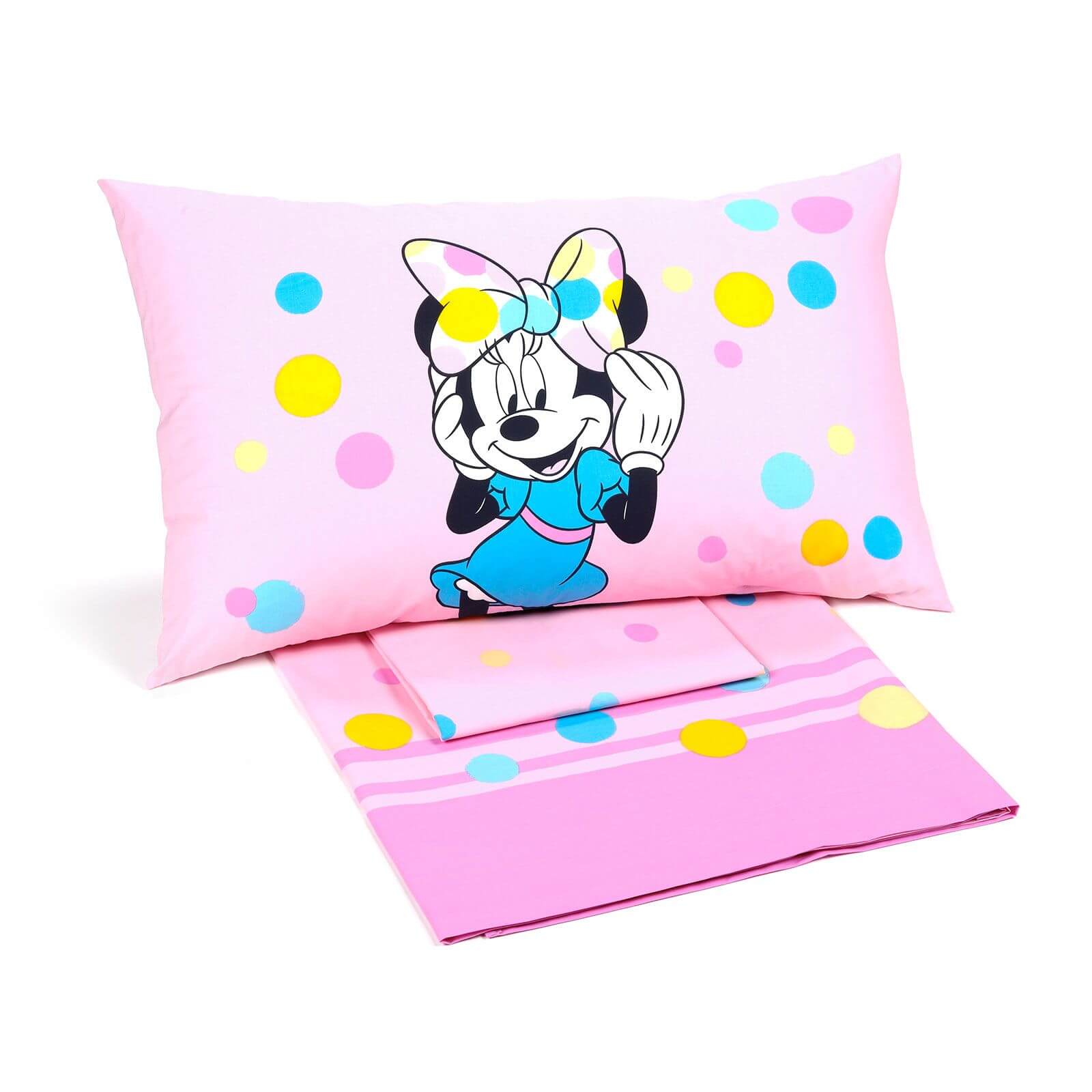 Completo lenzuola Caleffi Disney Minnie Colors in FLANELLA di puro cotone per letto singolo. Fantasia da bambina con fondo rosa