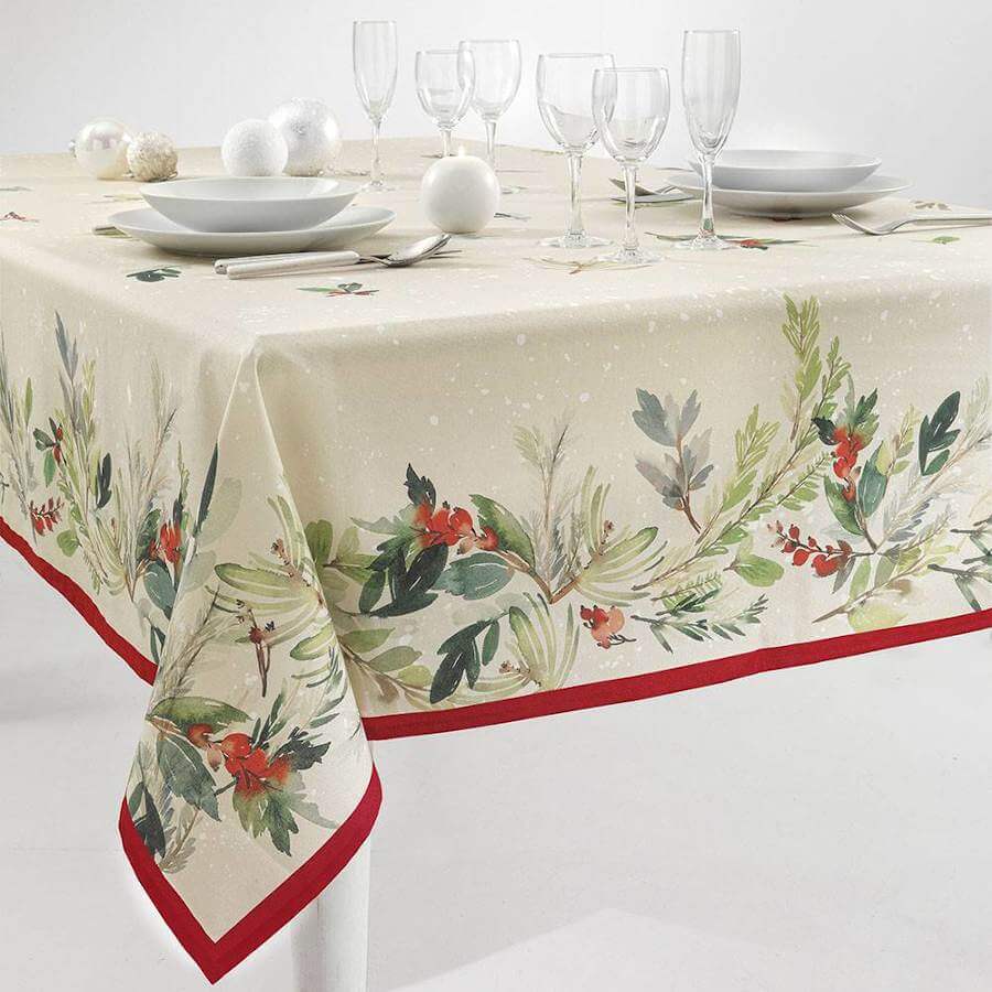 Tovaglia Natale Enjoyable Gabel in cotone. Rettangolare x12 persone. Fantasia natalizia fondo beige.