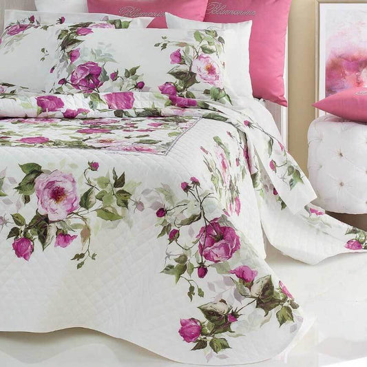 Trapuntino matrimoniale Adele Blumarine in percalle di puro cotone stampato. Fantasia floreale piazzata, variante lampone. Trapunta primaverile, copriletto.