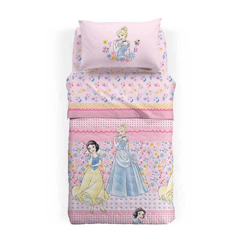 Trapuntino Caleffi Disney Princess Romance in cotone. Fantasia per bambina con le Principesse Disney Biancaneve e Cenerentola. Disponibile per letto singolo