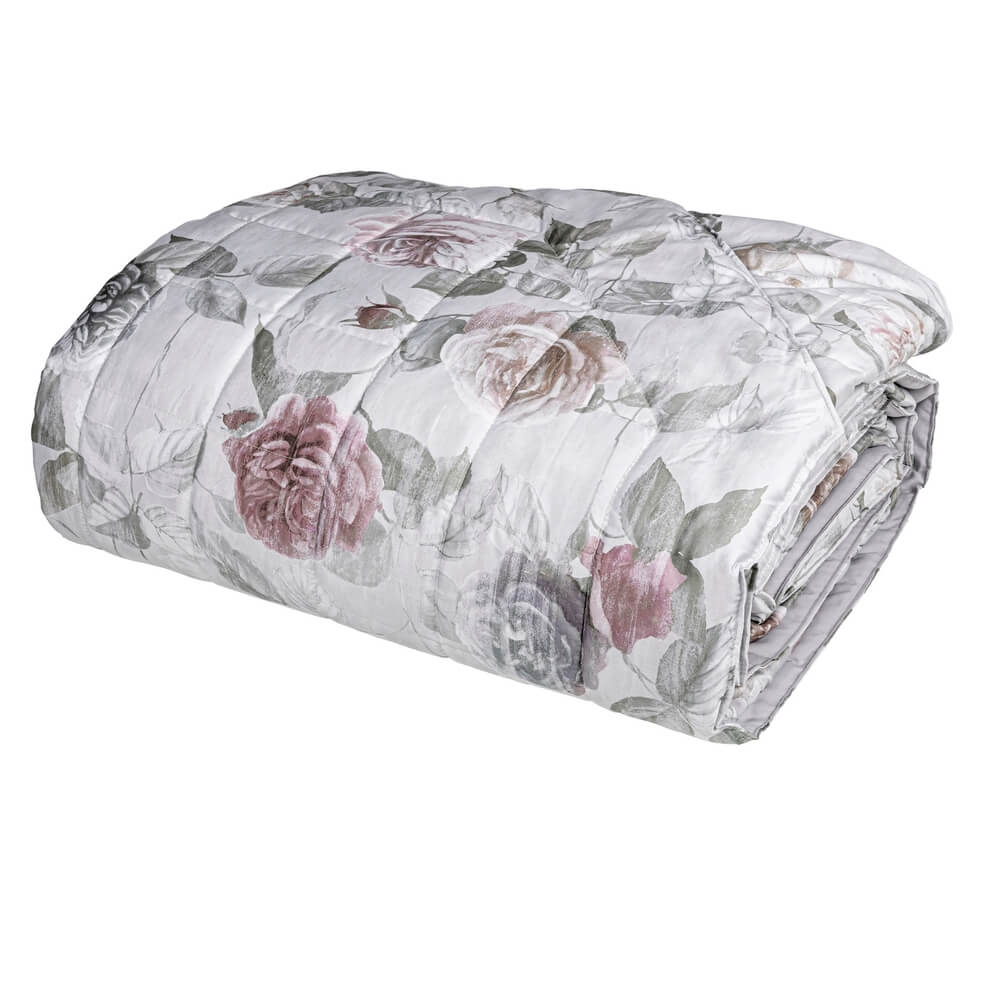 Trapunta primaverile matrimoniale Fazzini Rugiada in raso di puro cotone. Trapuntino con fantasia floreale su fondo chiaro. Quilt colore bianco/grigio frozen