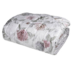 Trapunta primaverile matrimoniale Fazzini Rugiada in raso di puro cotone. Trapuntino con fantasia floreale su fondo chiaro. Quilt colore bianco/grigio frozen