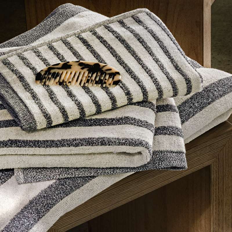 Coppia asciugamani Fazzini Triade, in spugna di puro cotone tinta in filo. Asciugamani viso e ospite con fantasia a righe di diversa misura. Colore grigio.