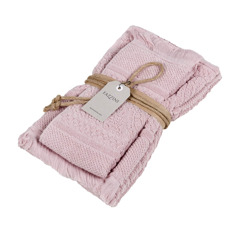 Coppia asciugamani Fazzini Dafne in spugna di puro cotone con lavorazione jacquard e frange. colore rosa chiaro / lotus
