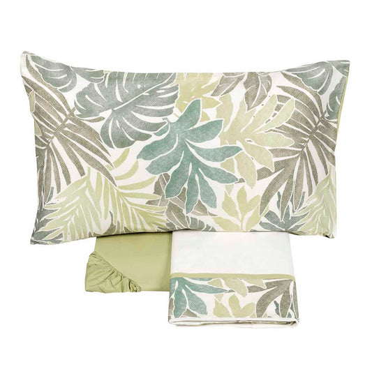 Completo Lenzuola matrimoniale Fazzini Textures in raso e percalle di cotone. Fantasia floreale con foglie verdi. Collezione primavera estate 2021.