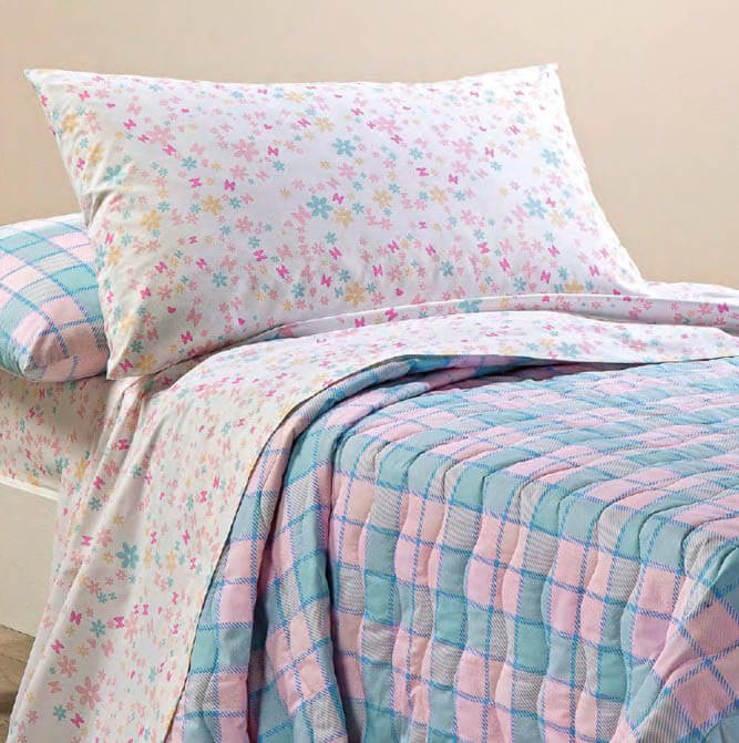Completo lenzuola Caleffi Biba in puro cotone per letto da una piazza. Fantasia colorata con fiori e farfalle, ideale per bambine e ragazze.