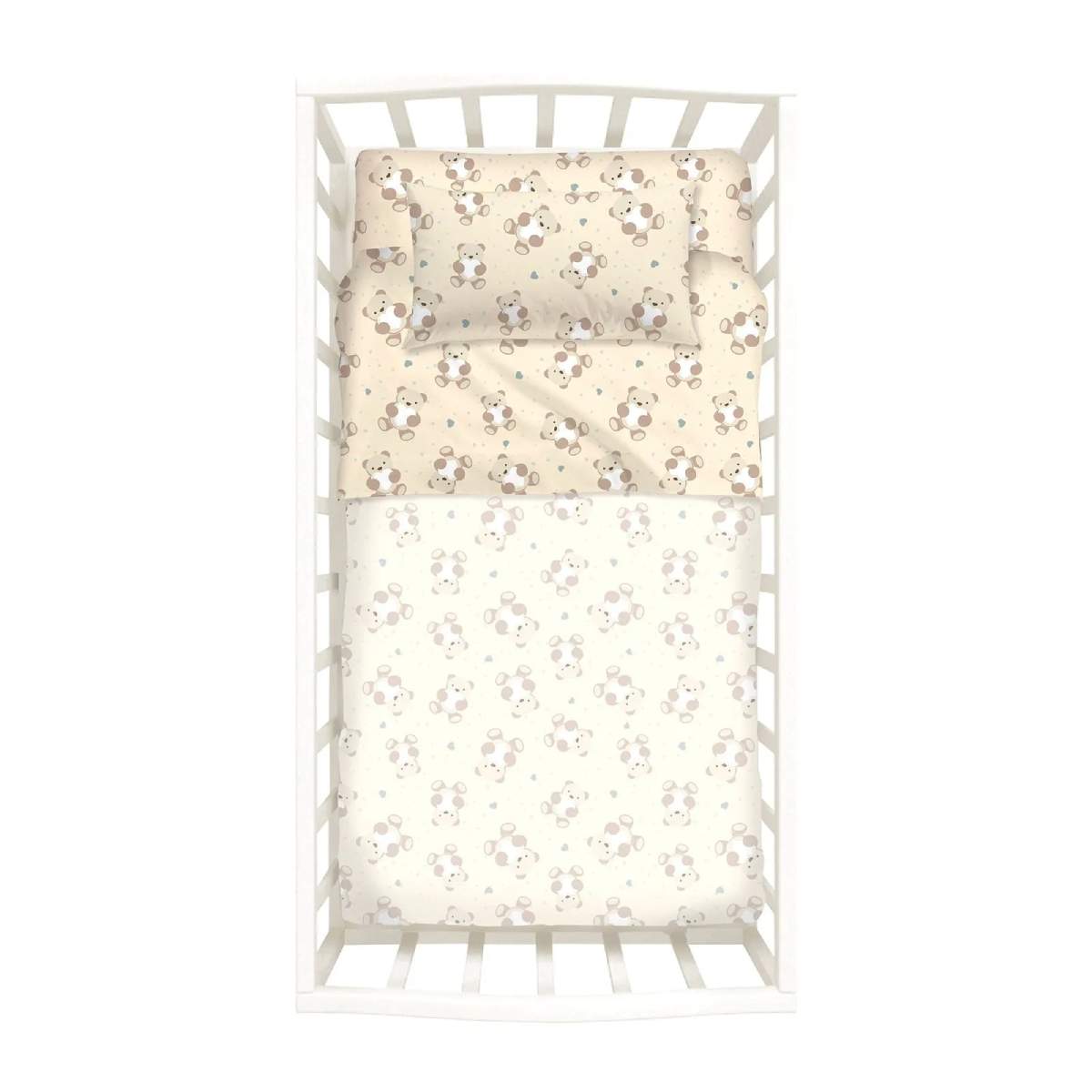 completo lenzuola culla in cotone Caleffi. Fantasia Orsacchiotti, variante di colore naturale (beige), ideale sia per bambino che per bambina.
