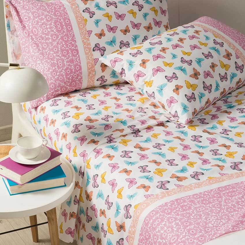 Completo lenzuola Caleffi Farfalle in puro cotone, per letto a una piazza. Fantasia con farfalle colorate e bordi rosa, ideale per bambine e ragazze.