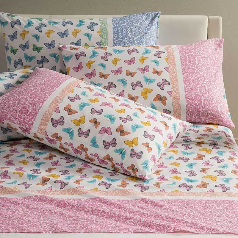Completo lenzuola Caleffi Farfalle in puro cotone, per letto a una piazza. Fantasia con farfalle colorate e bordi rosa, ideale per bambine e ragazze.