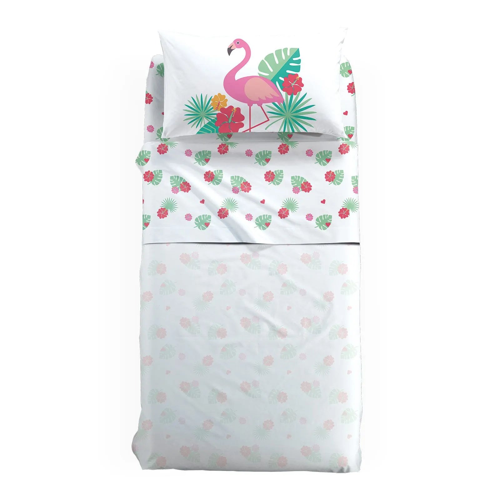 Completo lenzuola Caleffi Fiesta in puro cotone. Disponibile nella misura per letto a una piazza. Il completo Fiesta presenta una fantasia con un fenicottero rosa sulla federa e con fiori e foglie sul lenzuolo. Fantasia ideale per bambine e ragazze.