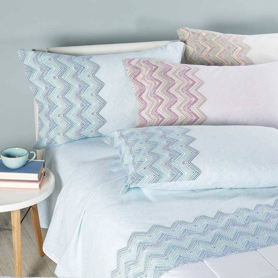 completo lenzuola in flanella di cotone caleffi chamonix, fantasia, colore azzurro rosa naturale