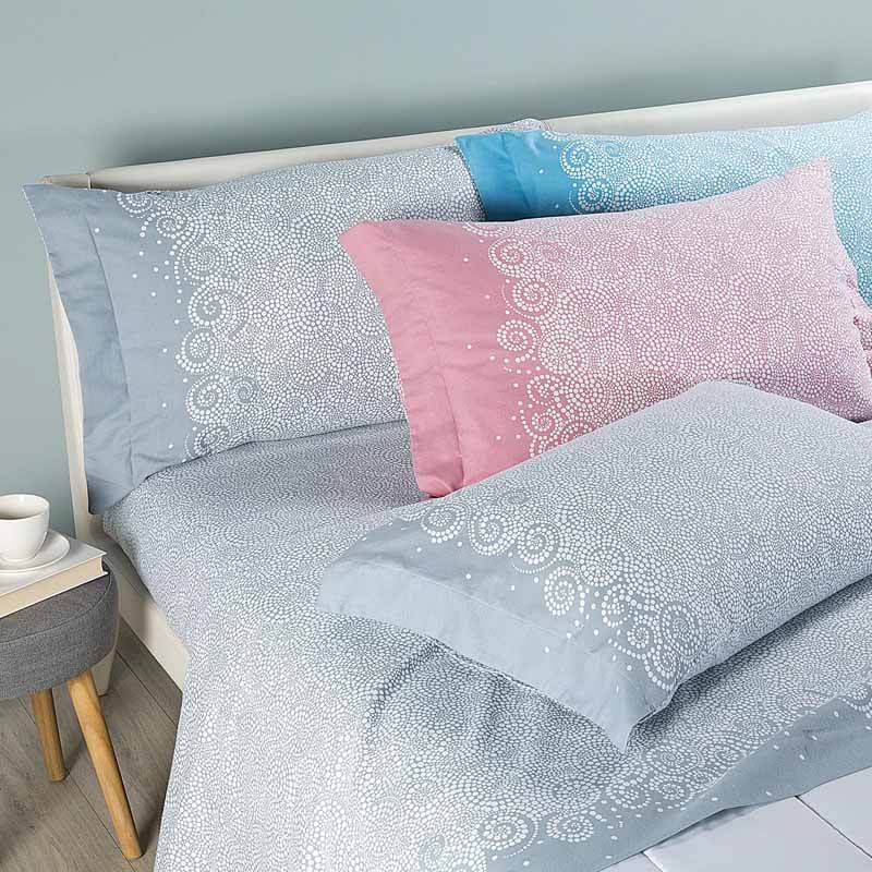 Completo lenzuola in flanella di puro cotone caleffi losanna. misura singolo e matrimoniale king. Fantasia colore rosa e grigio