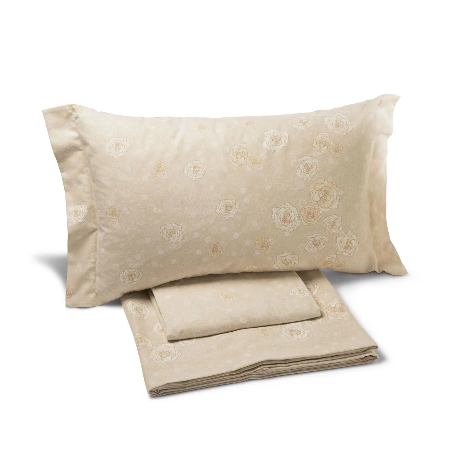 Completo lenzuola matrimoniale Caleffi Kelly in flanella di puro cotone. Disponibile nella misura matrimoniale maxi. Fantasia floreale molto delicata con fiori chiari su fondo beige o rosa.