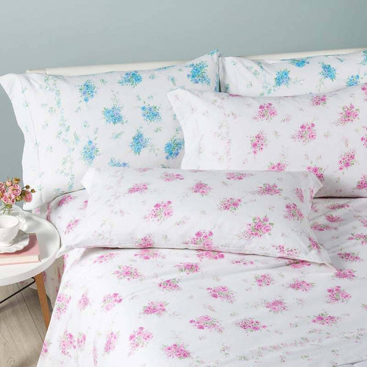 Completo lenzuola matrimoniale in flanella Caleffi roselline fantasia floreale rosa in cotone