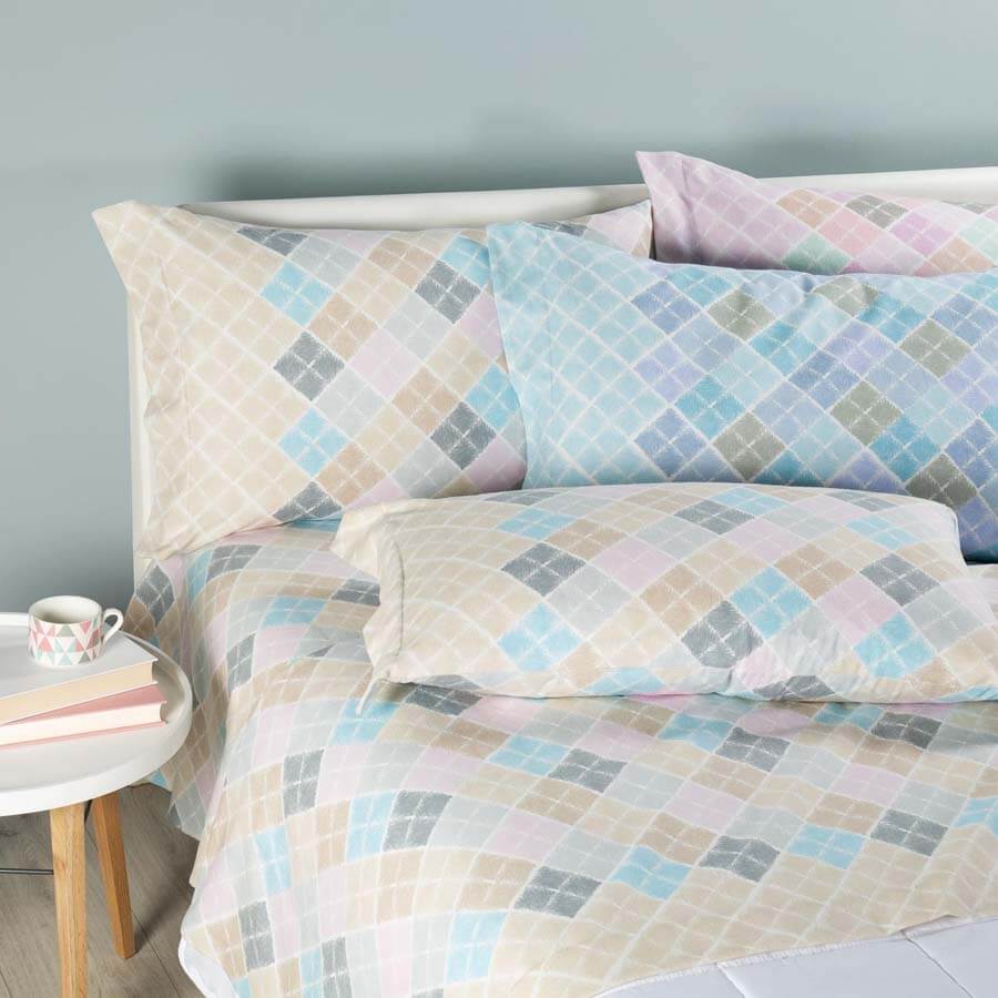 completo lenzuola in flanella di cotone caleffi Shetland, fantasia, colore azzurro, naturale e rosa