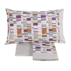 Completo lenzuola matrimoniale Fazzini Parc Guell in percalle di puro cotone. Fantasia geometrica moderna colore purple copper grigio viola