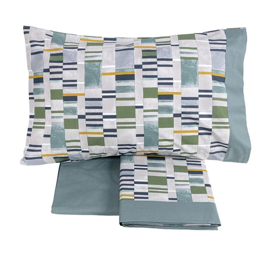 Completo lenzuola matrimoniale Fazzini Parc Guell in percalle di puro cotone. Fantasia geometrica moderna colore petrolio grigio verde