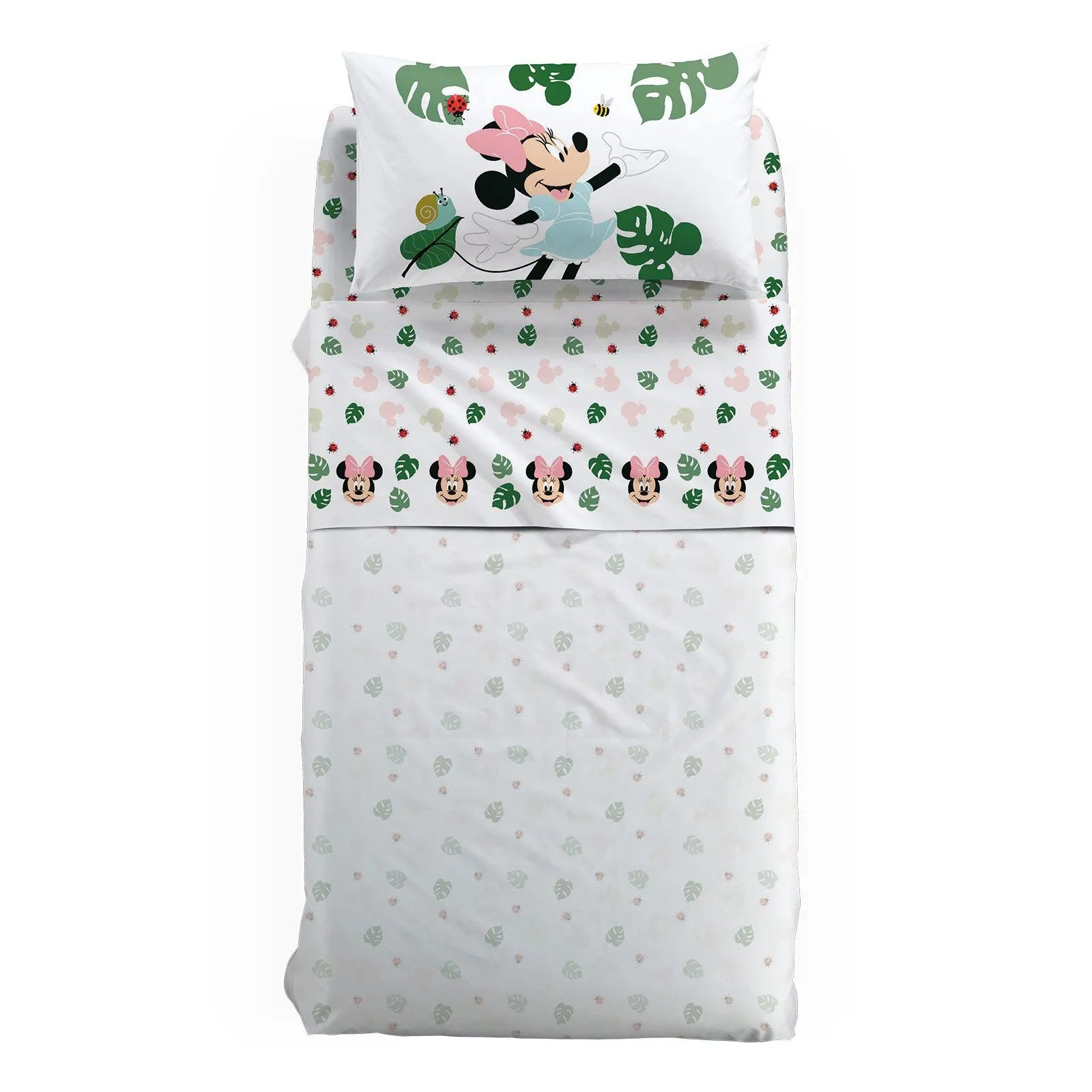 Completo lenzuola Minnie Garden in puro cotone per letto singolo. Linea Caleffi Disney. Originale fantasia per bambina con Minnie e foglie su fondo bianco.