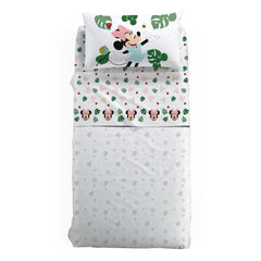 Completo lenzuola Minnie Garden in puro cotone per letto singolo. Linea Caleffi Disney. Originale fantasia per bambina con Minnie e foglie su fondo bianco.