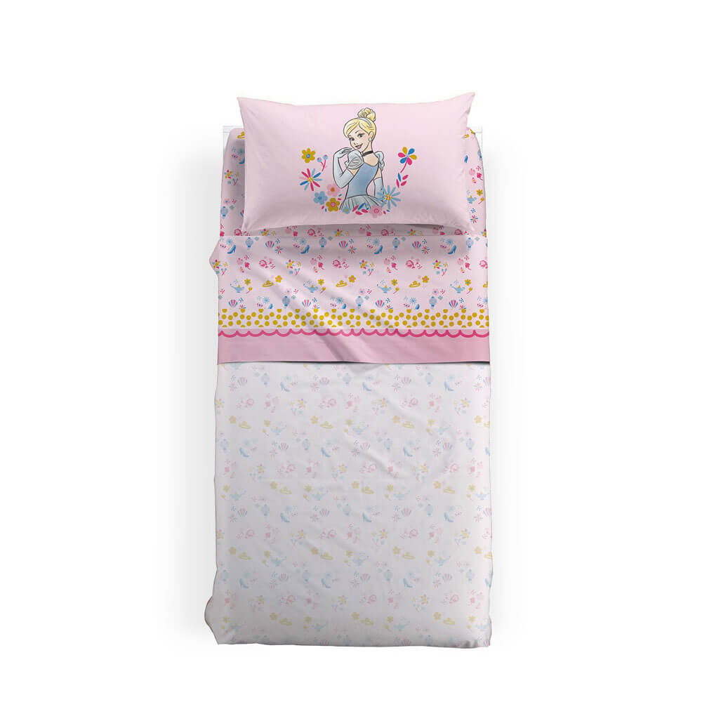 Completo lenzuola Caleffi Disney Princess Romance in FLANELLA di puro cotone per letto singolo. Fantasia da bambina con fondo rosa e le principesse Cenerentola e Biancaneve sulla federa.