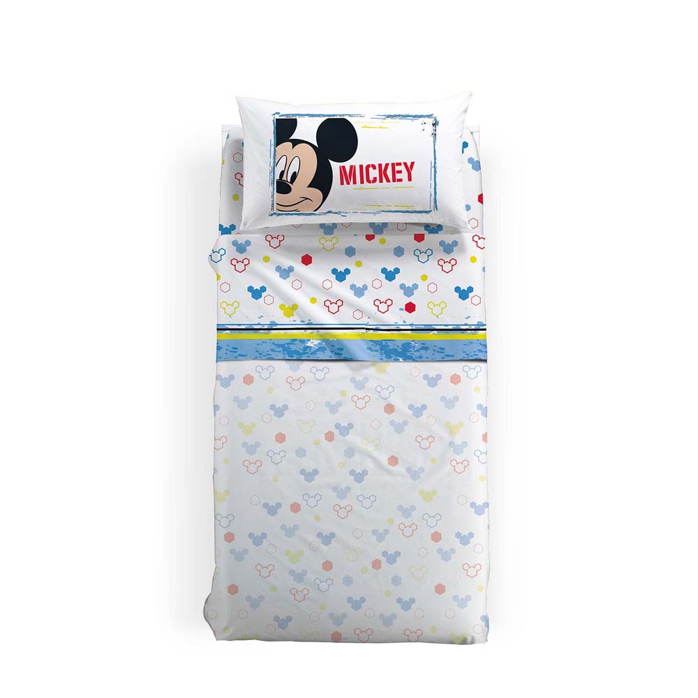 Completo lenzuola Caleffi Disney Mickey Avventura con Topolino in puro cotone.