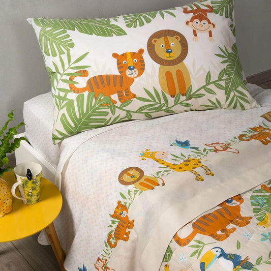 Completo lenzuola Caleffi Tropical in puro cotone. Disponibile nella misura per letto a una piazza. Il lenzuolo Tropical presenta una fantasia colorata, con simpatici animali su fondo beige. Ideale per bambini e ragazzi.