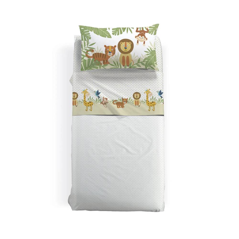 Completo lenzuola Caleffi Tropical in puro cotone. Disponibile nella misura per letto a una piazza. Il lenzuolo Tropical presenta una fantasia colorata, con simpatici animali su fondo beige. Ideale per bambini e ragazzi.