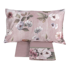 Completo lenzuola matrimoniale Fazzini Velvet in raso e percalle di puro cotone. Fantasia floreale colore rosa
