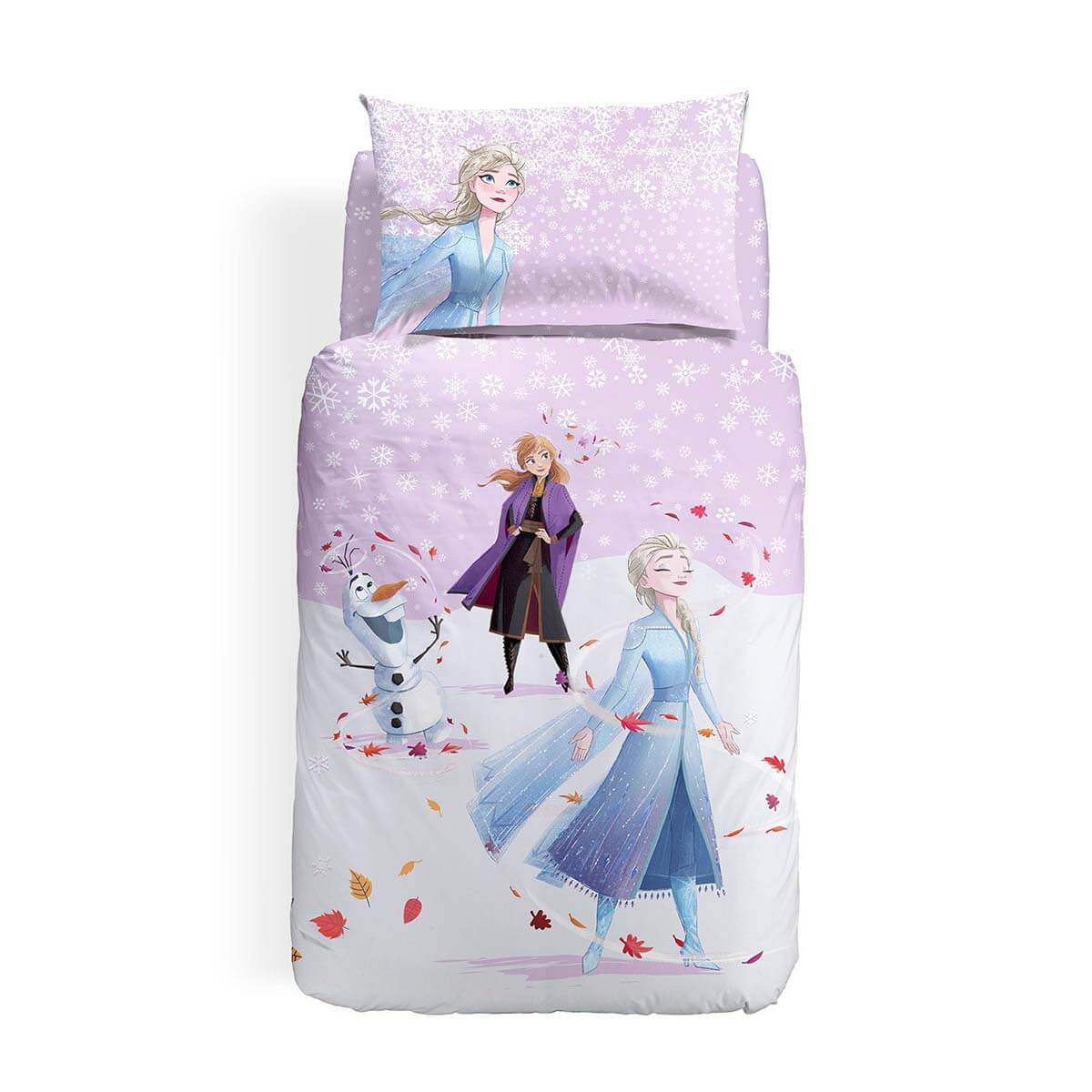 Completo Copripiumino Frozen Magica in puro cotone per letto singolo. Linea Caleffi Disney. Copripiumone per bambina con delicata fantasia piazzata su fondo bianco e rosa, con Elsa, Anna e Olaf del film Disney Frozen.