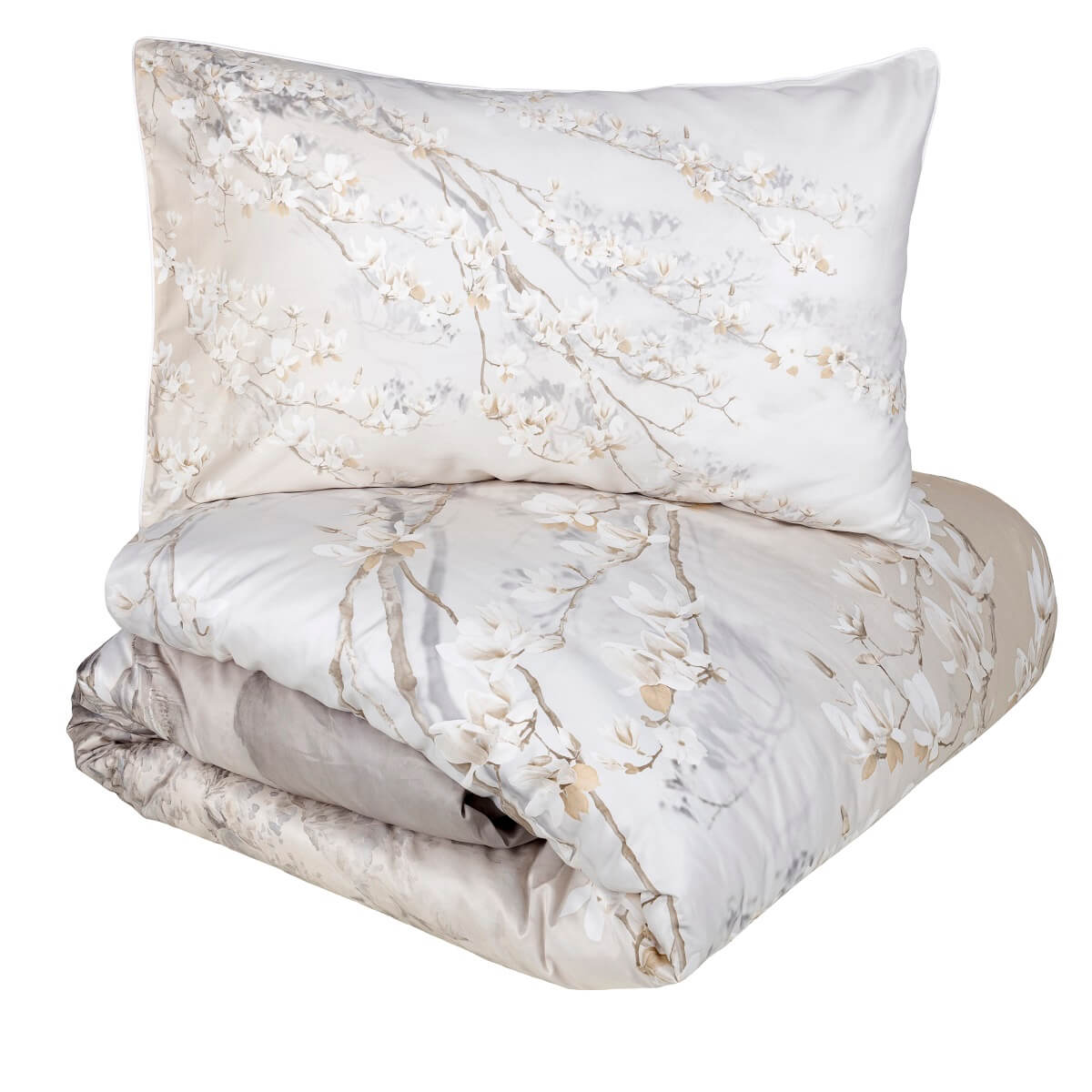 Copripiumino matrimoniale Fazzini Panta Rei in raso di puro cotone. Fantasia floreale colore naturale beige grigio