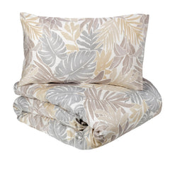Copripiumino matrimoniae Textures di Fazzini. Fantasia primaverile con foglie naturale sasso beige. Raso di cotone.